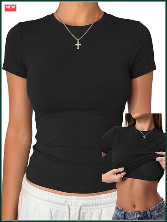 Tops - Cotton Jersey T-Shirt with Built-In Bra No See Through Stretchy Fitted Workout